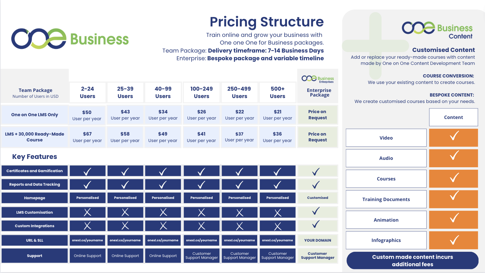 Pricing Table For One on One Business Teams
