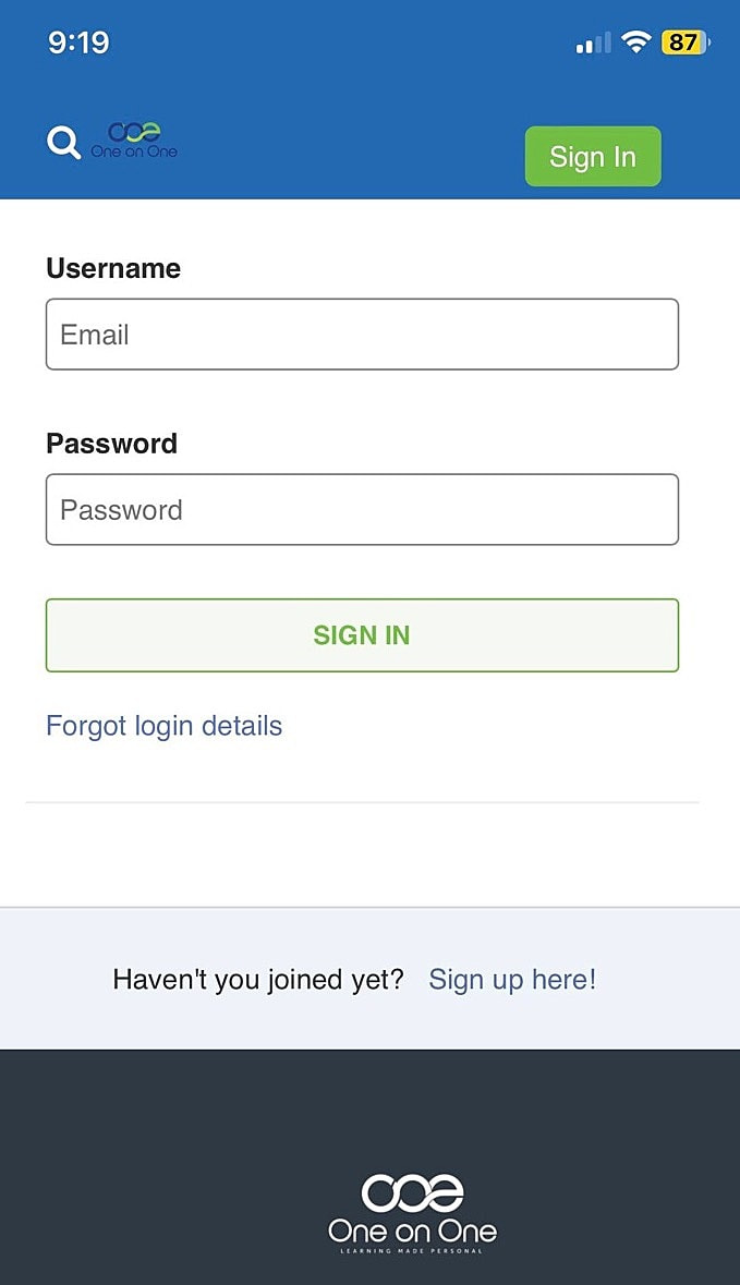 Mobile view of One on One's LMS login