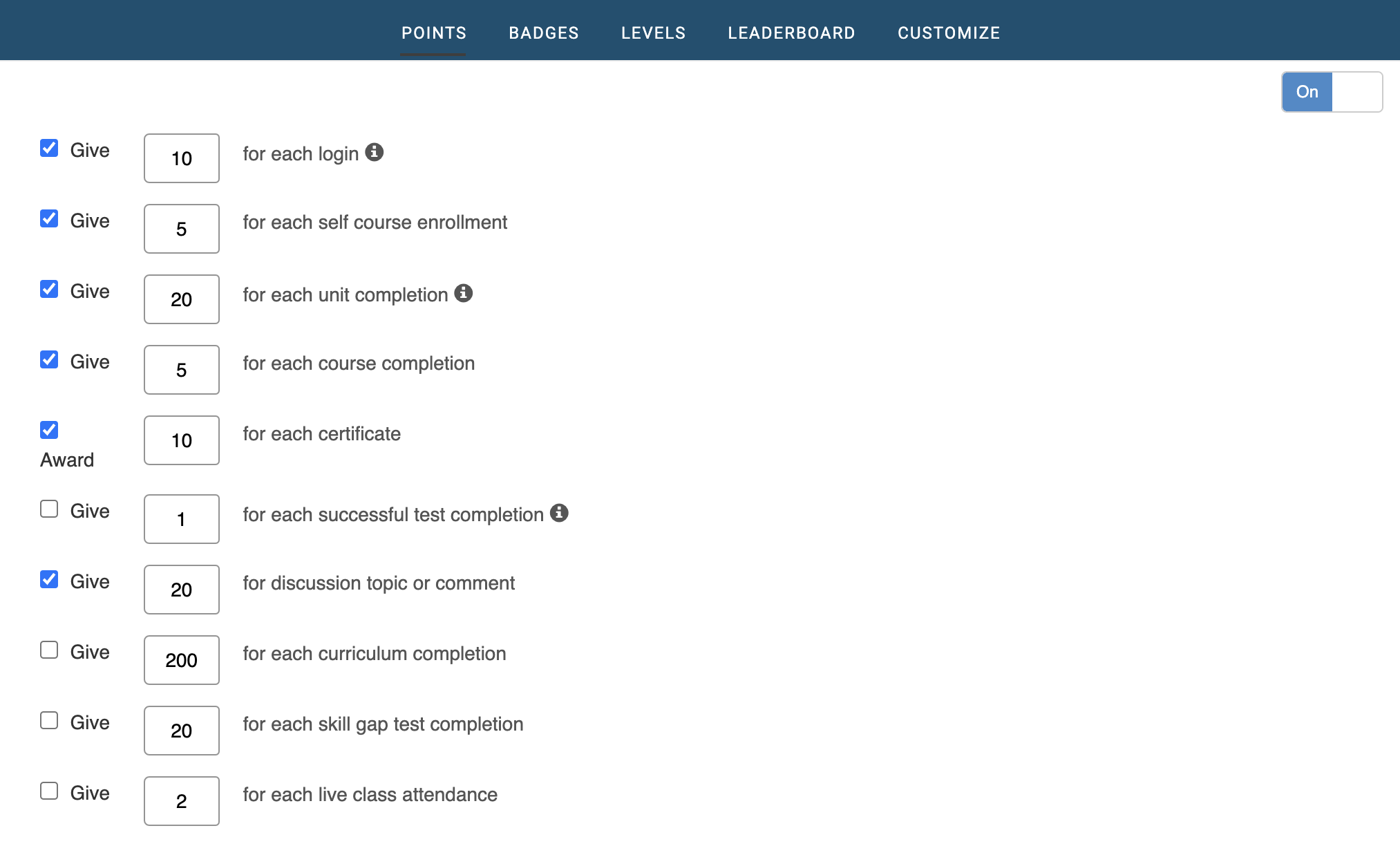 Example of gamification features in One on One's LMS